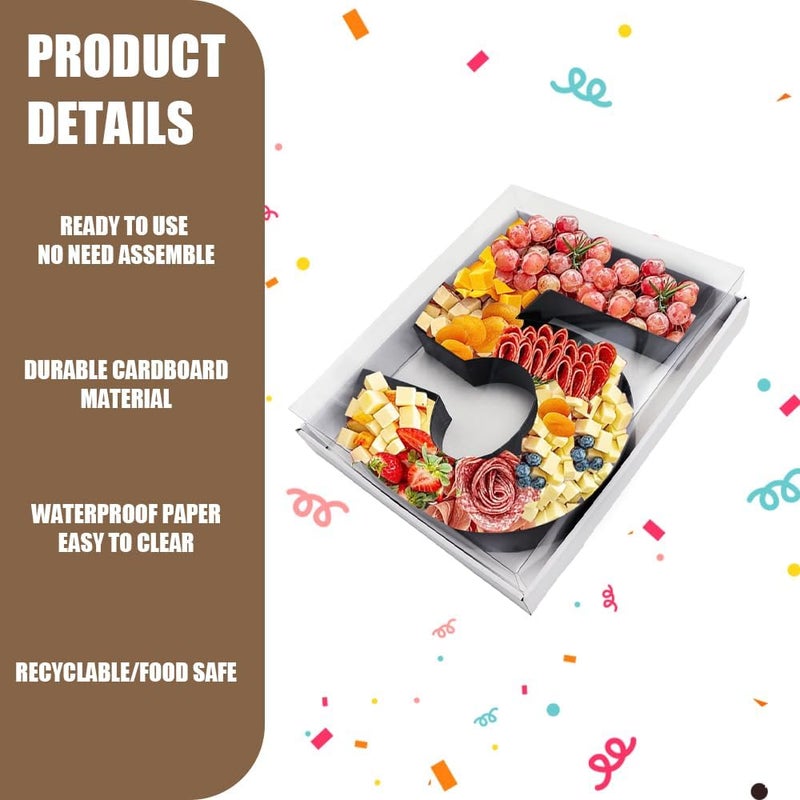 Kafucize 12.5inch Fillable Paper Mache Number Letter Cardboard Cutouts Charcuterie Board Food Sweet Cupcake Tray Party Decorative Box (Number 5, Black) - Image 5